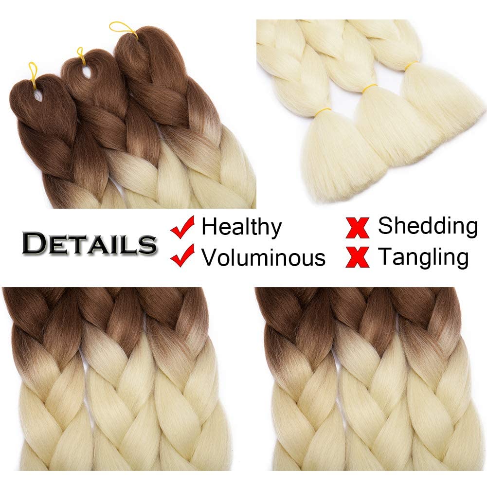 Benehair 24inch Ombre Braiding Hair 1 Bundle Jumbo Braiding Hair Extensions High Temperature Synthetic Braid Hair Braiding Hair Pre Stretched Braid Extensions (Brown+Blonde)