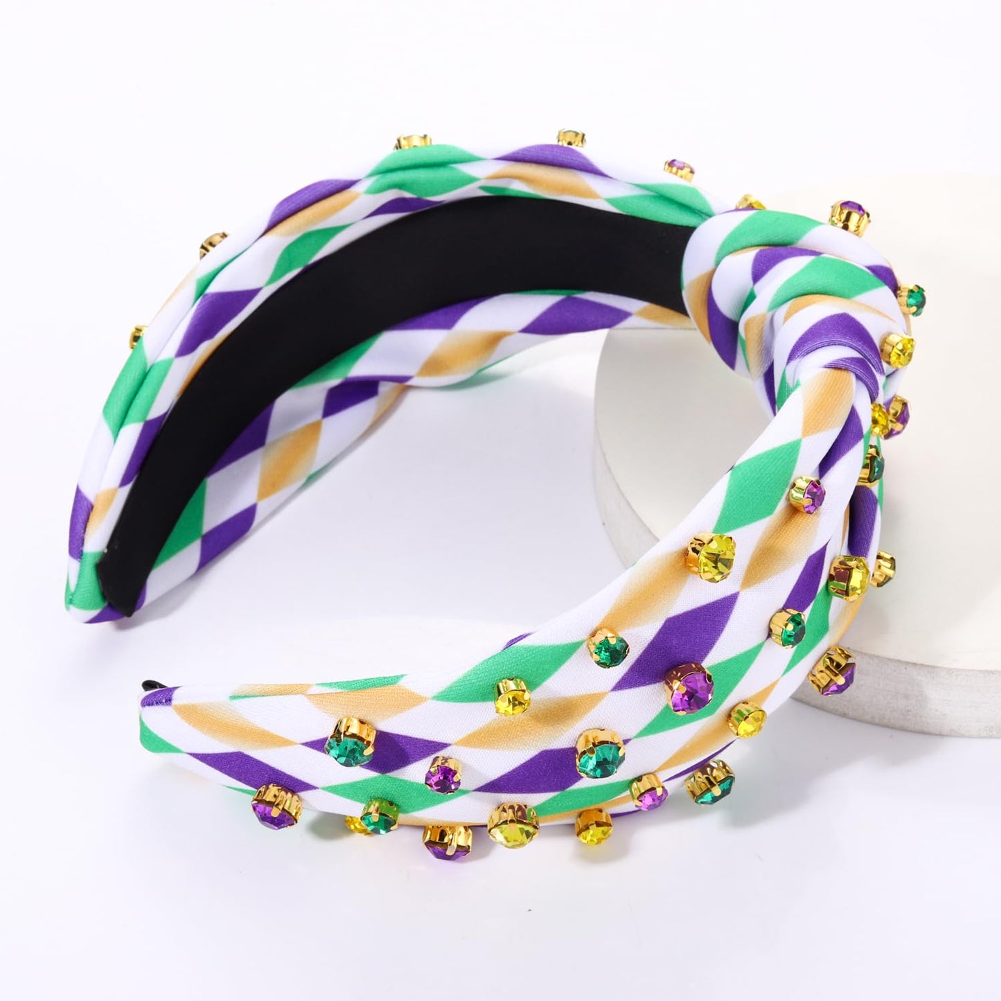 GLBCC Mardi Gras Headband for Women Mardi Gras Masks Knotted Headband Accessories Purple Rhinestone Beads Jeweled Wide Hairband Carnival Parade Outfit Decorations (mardi gras knot hairband A)