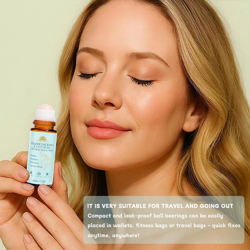 Organic Castor Oil Roll-On with Rose Quartz Roller Ball for Skin & Hair Care