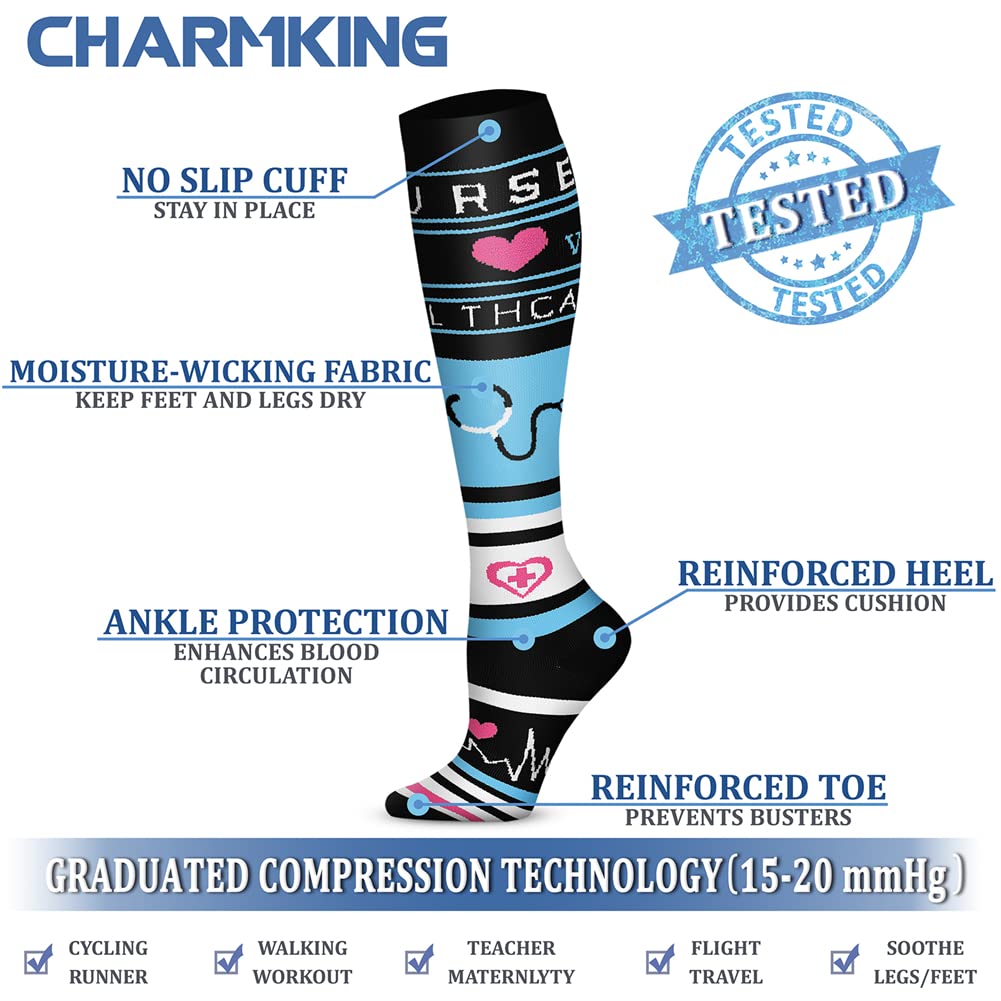 CHARMKING Compression Socks for Women & Men Circulation (3 Pairs) 15-20 mmHg is Best Athletic for Running, Flight Travel, Support, Cycling, Pregnant - Boost Performance, Durability (S/M, Multi 47)