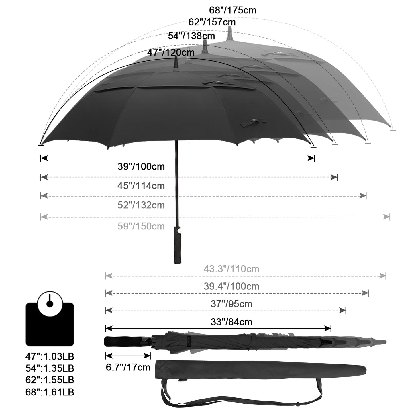 G4Free 47 Inch Automatic Open Golf Umbrella with Reflective Stripe Extra Large Oversize Double Canopy Vented Windproof Waterproof Stick Umbrellas (Black)