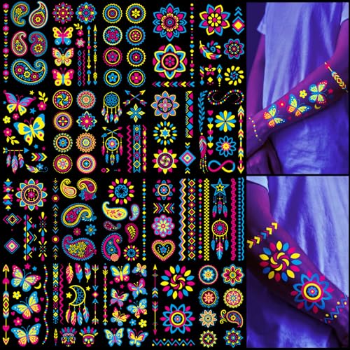 Glow in the Dark Tattoos 256+ PCS ? Luminous Party Supplies Neon Body Paint UV Face Temporary Tattoos for Adults Teens, 32 Sheets Neon Accessories Party Favors & Decorations