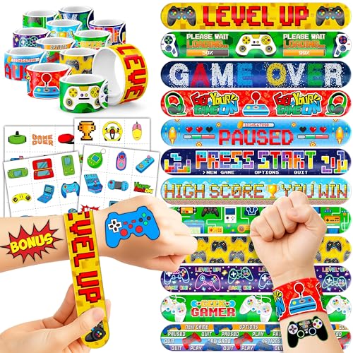 Cherisnowy 72PC Video Game Party Favors - 48 Tattoos & 24 Slap Bracelets