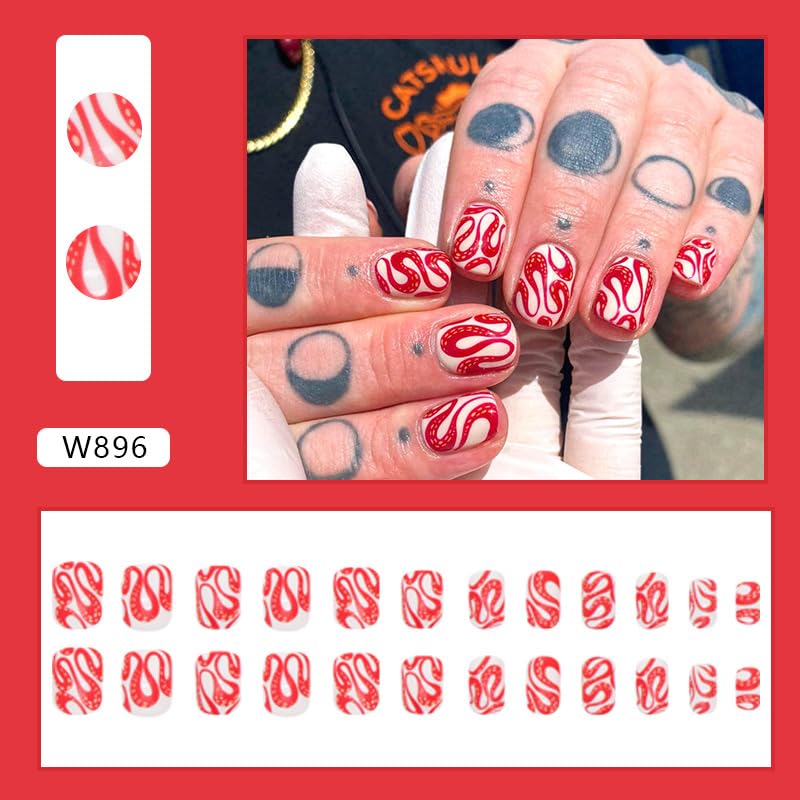 Press on Nails Short Fake Nails Square with Red Snake Swirls Designs Acrylic Glue on Nails Glossy False Nails Full Cover Stick on Nails Artificial Static Nails for Women 24Pcs