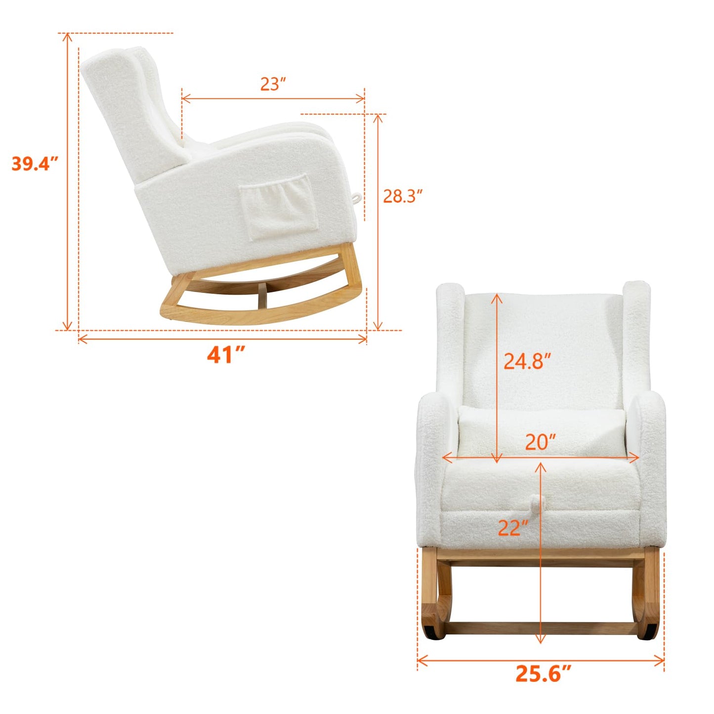 Modern Rocking Chair Nursery Glider, Comfy Rocker Nursery Chair with Foot Rest, Accent Reading Chair with Pillow and Pocket, Upholstered Lounge Chair with Solid Wood Base for Relaxing, Resting (Ivory)