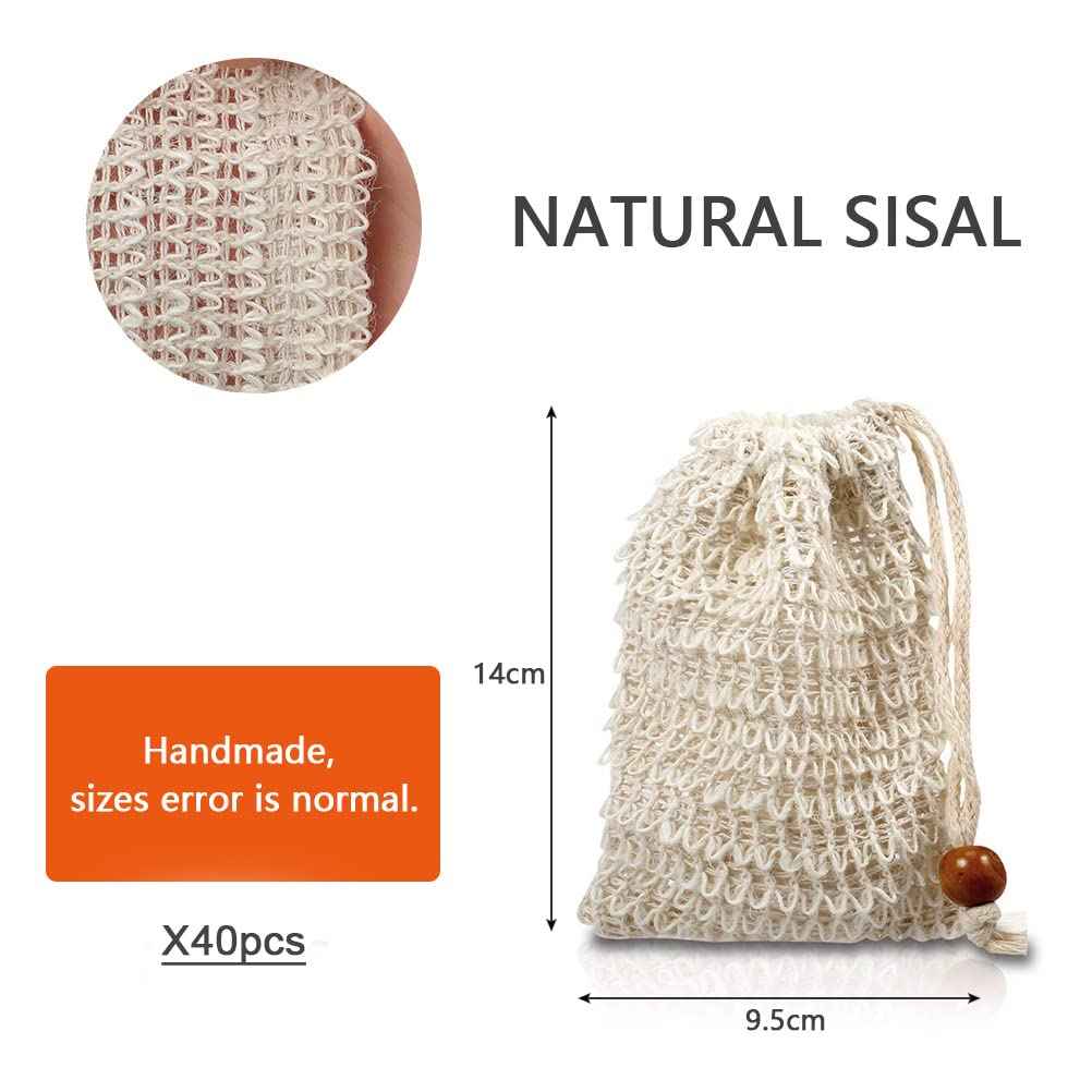 BUYGOO 40Pack Soap Saver Bag Exfoliating Sisal Soap Pouch with Drawstring Bar Wooden Bead Foaming and Drying Exfoliating Net for Bath and Shower