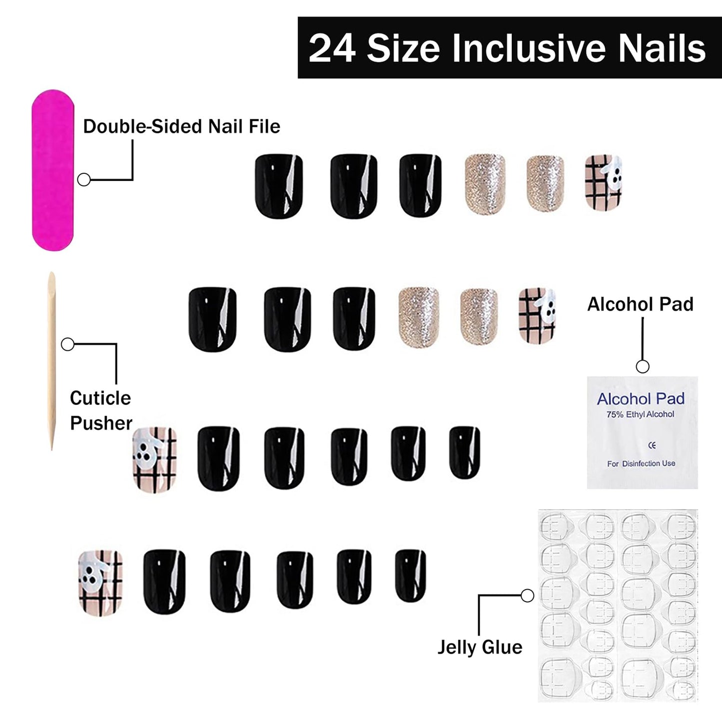 Halloween Fake Nails Short Square Shaped Press on Nails Black Glitter Glossy False Nails Little Ghost Designs Halloween Nails Full Cover Artificial Nails Glue on Nails for Women Girls 24Pcs