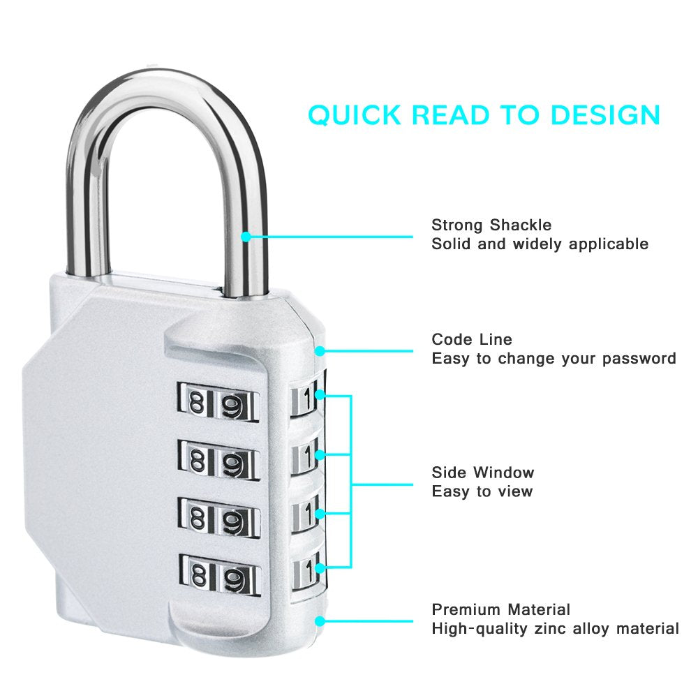 ZHEGE Combination Lock 2 Pack, 4 Digit Outdoor Padlock for School Gym Sports Locker, Fence, Toolbox, Case, Hasp Cabinet Storage (Silver, 2Pack)