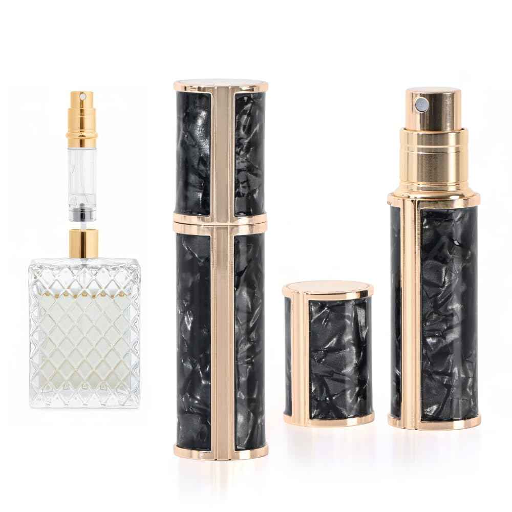 Ms Lovely Pearlescent Travel Perfume Atomizer Bottle – 5ml Refillable Mini Spray for Purse, TSA Approved Portable Fragrance Dispenser (Black with Gold)