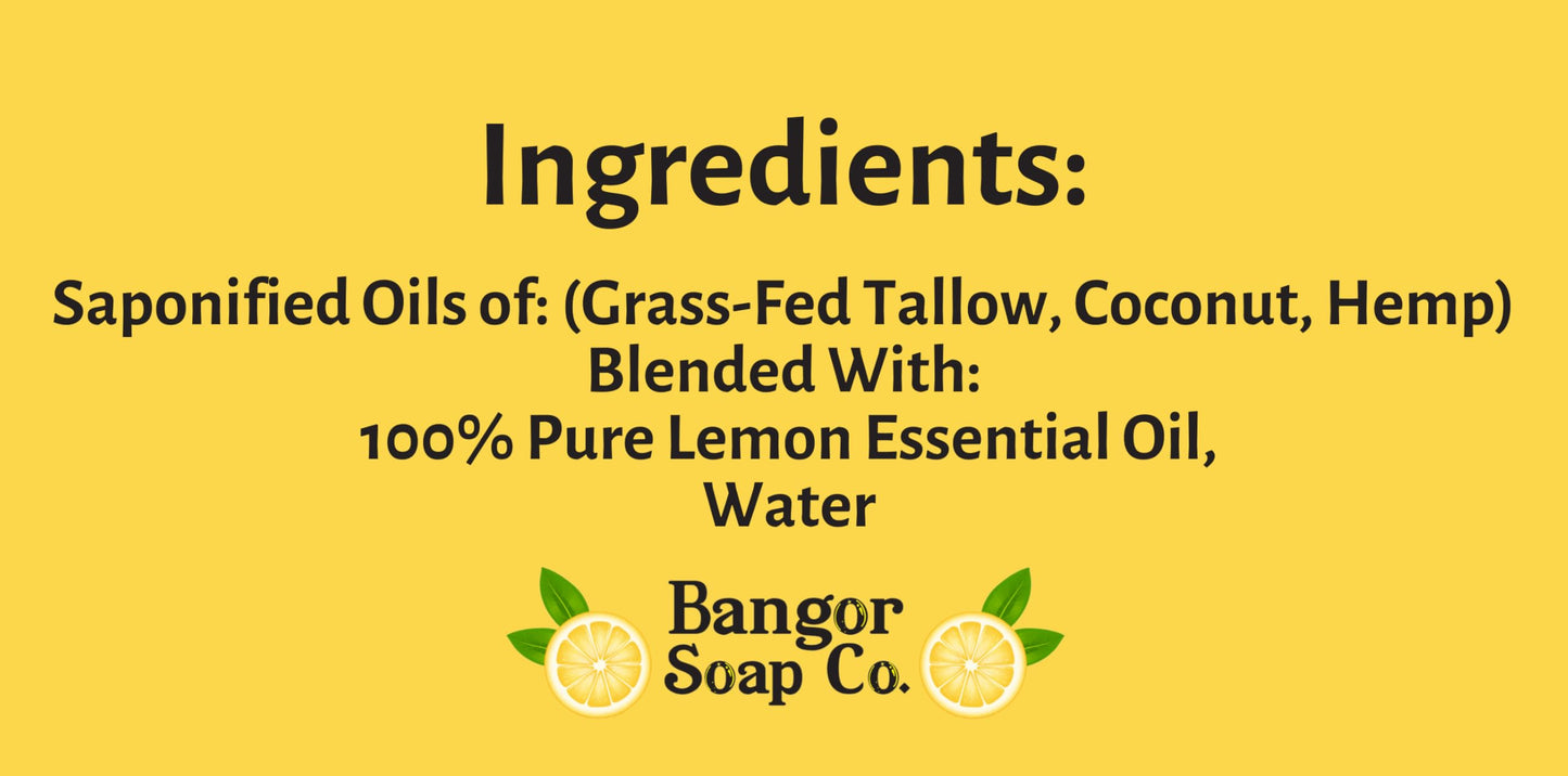 Bangor Soap Co.'s FRESH LEMON Pure, Natural Soap Bars, The FINEST Tallow, Coconut, and Hemp, NOTHING Artificial, NOTHING Superficial for A Smooth, Nourishing Lather (3-Pack)