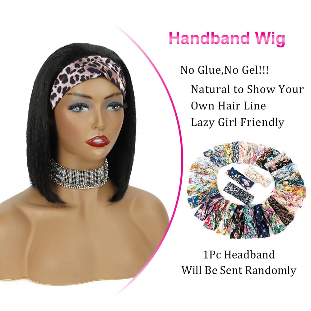 AISI Headband Wigs Human Hair Bob Headband Wigs for Black Women Easy Wear and Go Glueless Wigs Short Straight Wigs Machine Made 150% Density No Lace Headband Wig Natural Color(10 Inch)