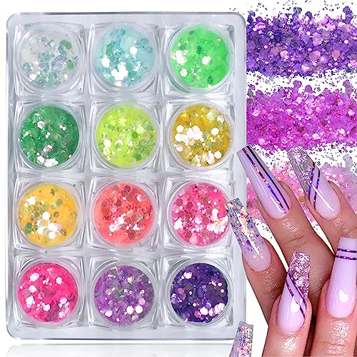 LuckForever 12 Colors Chunky Body Glitters Spring/Summer Collection Star River Glitter Glitter Mix Nail Glitter Flakes Illusion Candy Sequins Powder for Acrylic Nails Crafts Paints Resin Cosmetics