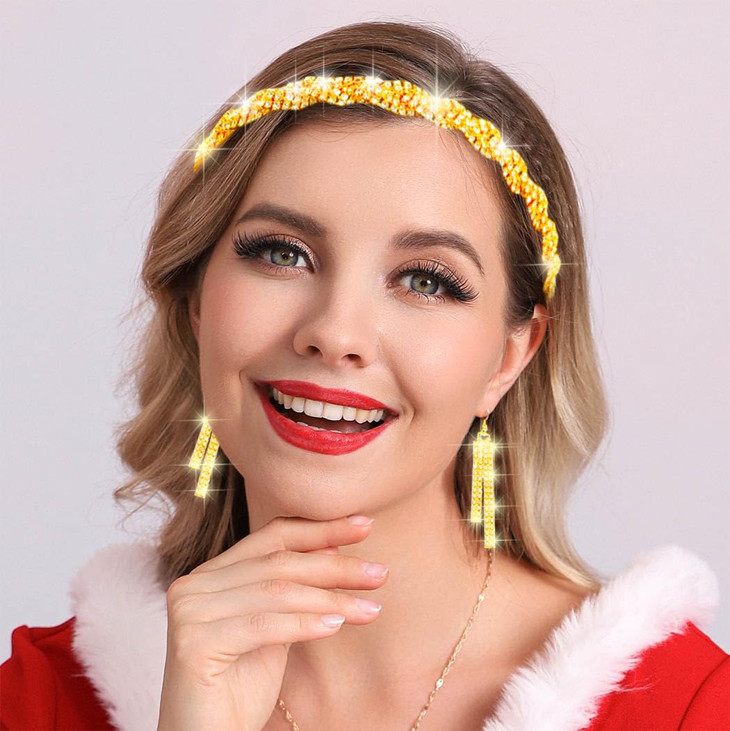 Fstrend Christmas Rhinestone Headband Gold Tassel Earrings Elastic Crytal Headpieces Xmas for Women (Gold)