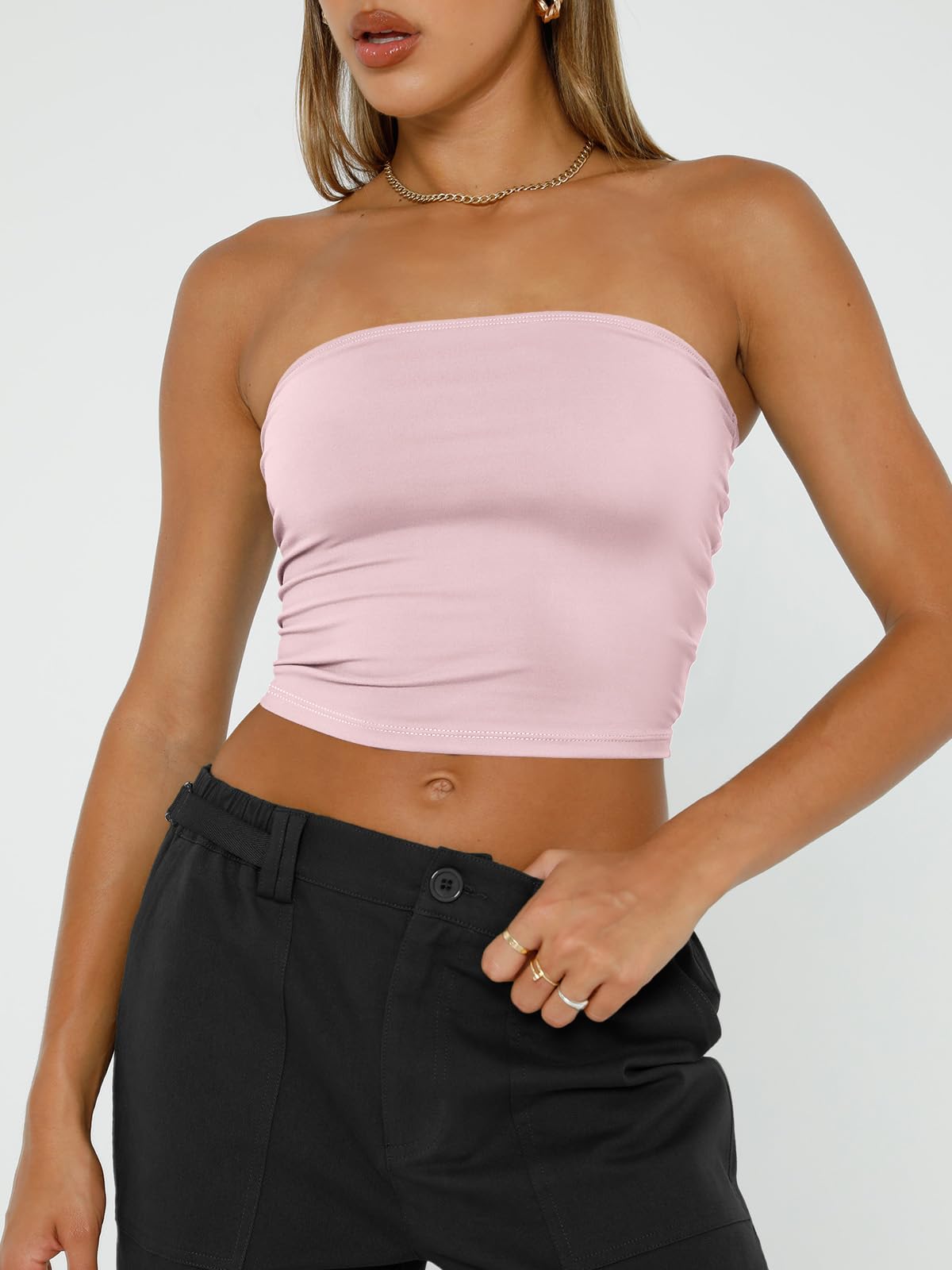 Trendy Queen Crop Tops for Women Bandeau Strapless Summer Vacation Outfits 2024 Sexy Tube Going Out Tops Basic Backless Cute Sleeveless Slim Fit Teen Girls Clothes Pink