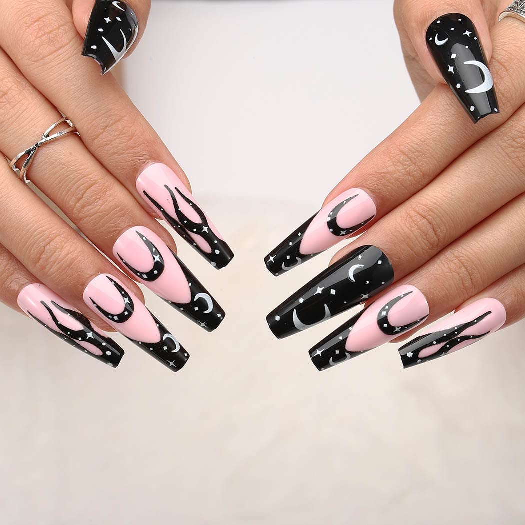 Gangel Extra Long Press on Nails Ballerina False Nails Glossy Coffin Fake Nail Gothic Full Cover Moon Stars Fake Nails Acrylic Daily Wear Party Gifts for Women and Girls 24Pcs (Moon)