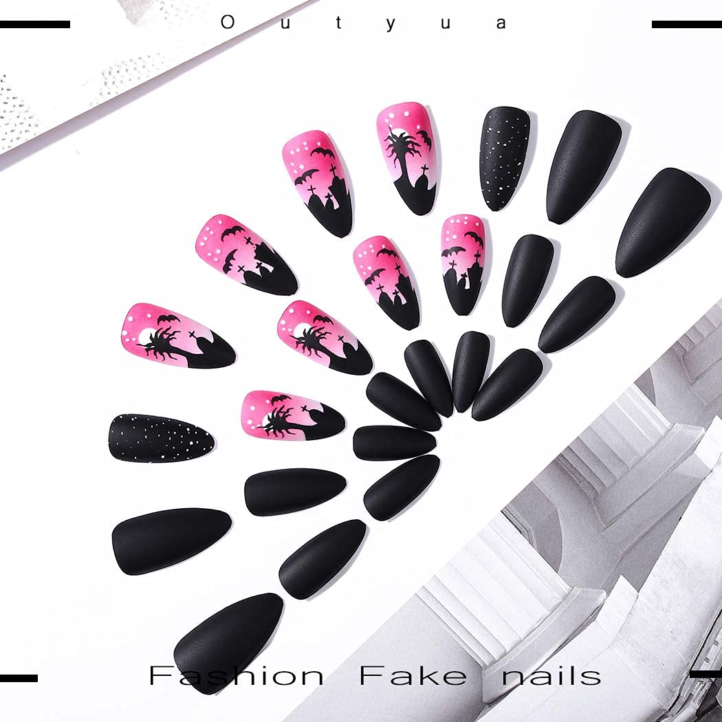 Outyua Stiletto Halloween Long Press on Nails with Design Horror Acrylic Fake Nails Ballerina False Nails Designer Full Cover Nails 24Pcs for Women and Girls (Pink Tree)