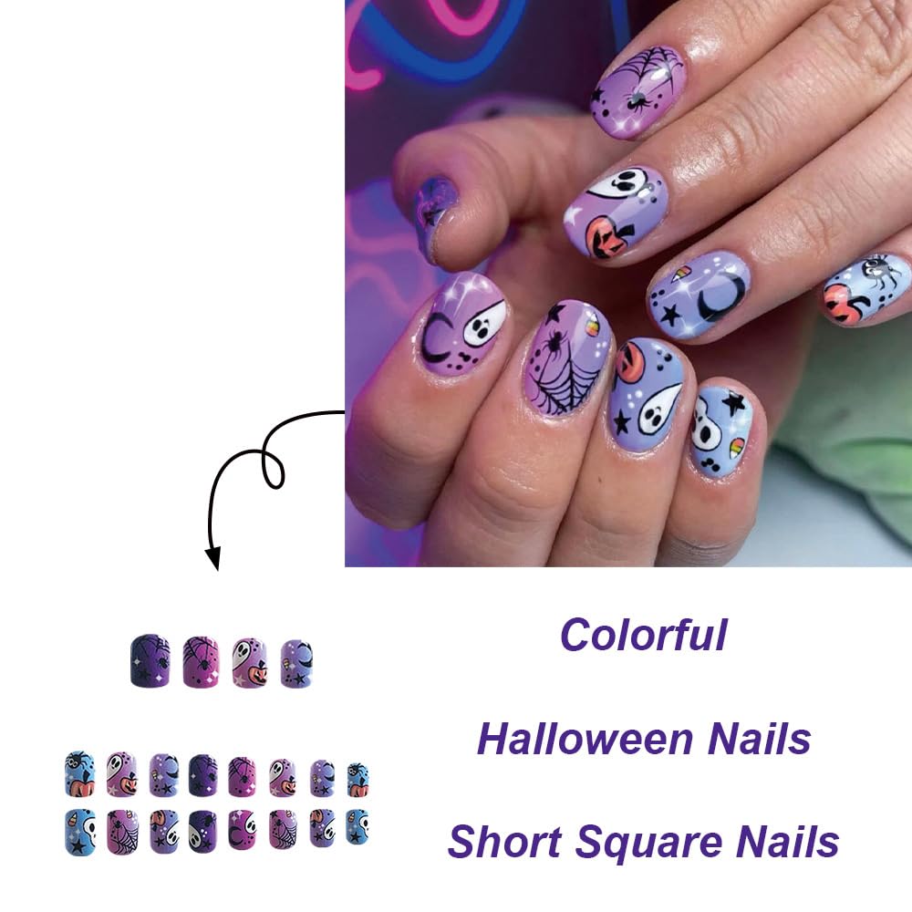 24Pcs Halloween Press on Nails Short Purple Square Fake Nails Full Cover Acrylic Nails Pumpkin Press on Nails with Star Moon Design Spider Ghost Halloween False Nails Glossy Stick on Nails for Women