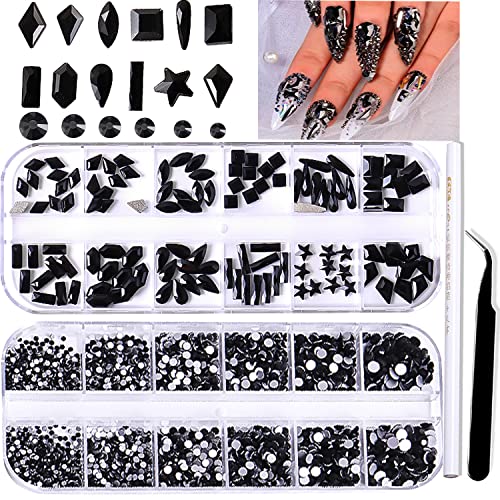 BELICEY Nail Art Rhinestones Black Flatback Round Rhinestones Charms Nail Gem Stones with K9 Bling Glass Crystals Diamonds Jewelry for Nail Design DIY Crafts Face Decoration