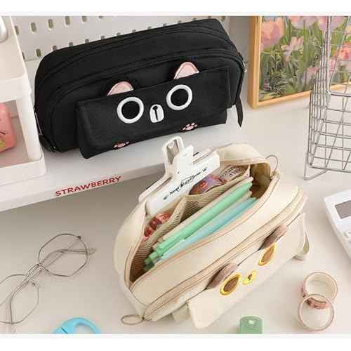 Kitty Cat Pencil/Pen Pouch 4-Layers Extra Capacity Cosmetic Organizer Pen Brush Holder Mesh Pockets (4 Layers - Black)