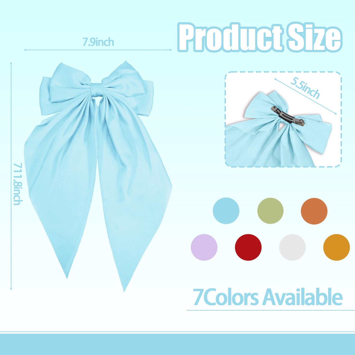 DJAIOD Hair Bow for Women,Blue Silky Satin Bow, Large Light Blue Hair Bows, Long Bow Clip, Coquette Bows Cute barrettes for Girls