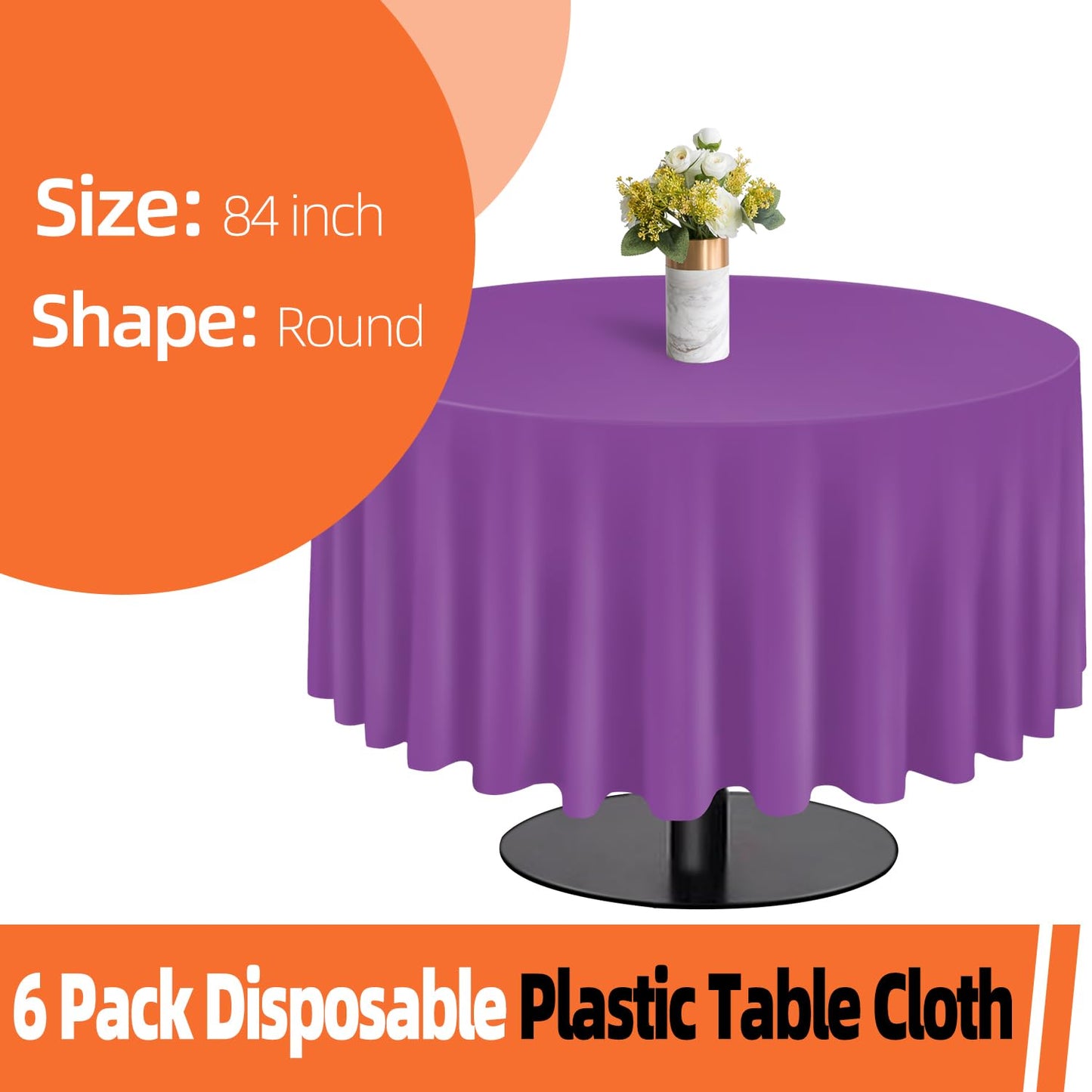 tujol Purple 6 Pack Plastic Table Cloth 84", Disposable Round Tablecloth Table Cover, Plastic Table Cloths for Parties