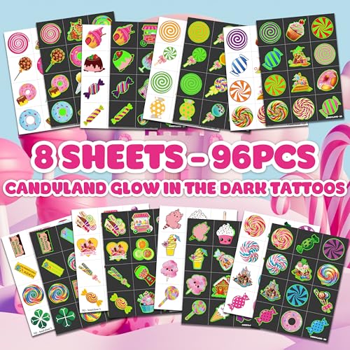 96 Glow in the Dark Candy Temporary Tattoos for Kids