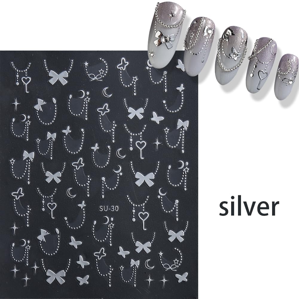 Silver Gold Bow Heart Nail Art Stickers, 6 Sheets 3D Self-Adhesive Nail Decals Nail Art Design Shiny Bow Heart Nail Sticker Supplies Decoration for Women and Girls Nail Art Accessories