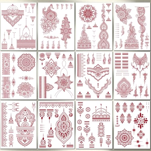 CHARLENT 12 Sheets Henna Tattoos for Women - Waterproof Temporary Body Art