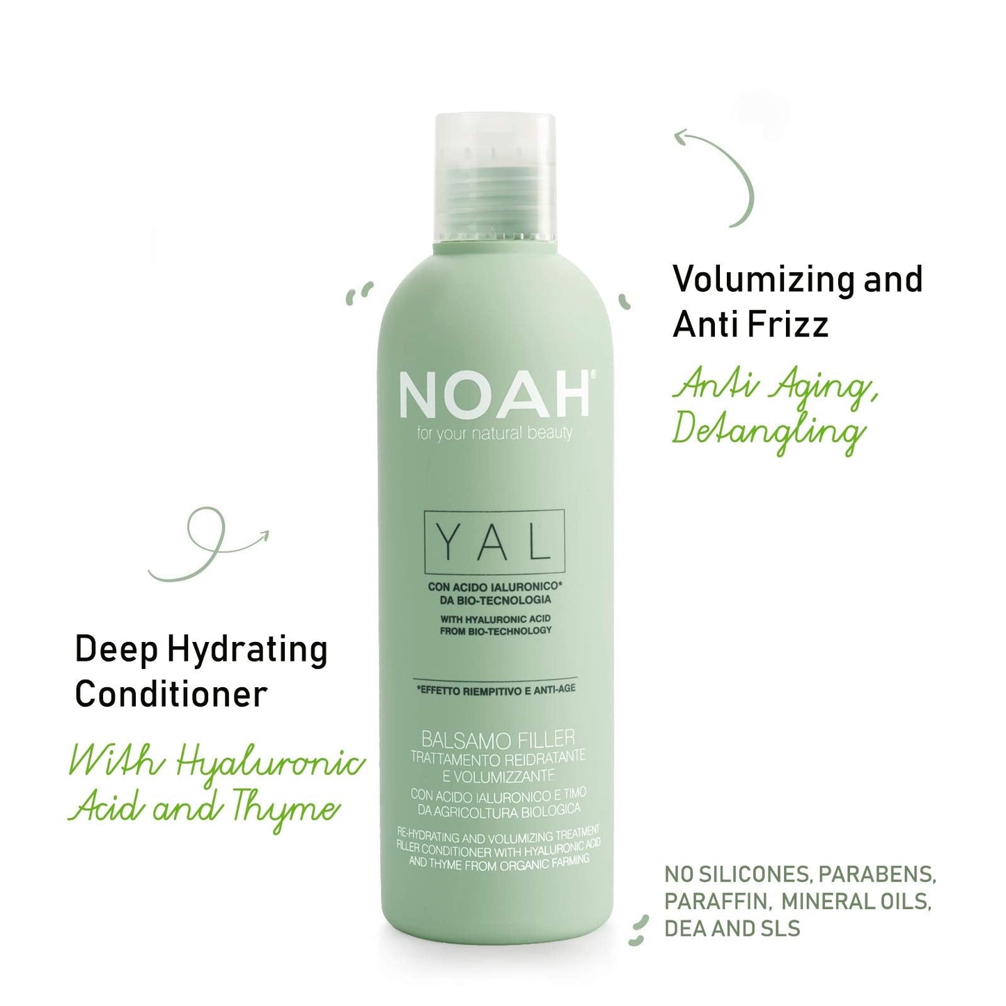 Noah Yal Deep Hydrating Conditioner with Hyaluronic Acid and Thyme for Hair - Organic, Sulfate Free, Anti Frizz, Volumizing, Anti Aging, Detangling Conditioner - 8.5 fl.oz (250 ml)