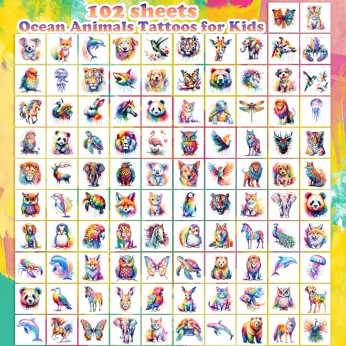 102 PCS Watercolor Animals Temporary Tattoos for Kids