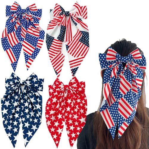 Muumoo 4th of July Hair Clips, 11.4In x 6.3In Handmade Patriotic Fable Bow Hair Accessories for Women Girls Toddlers Kids, 4 Count