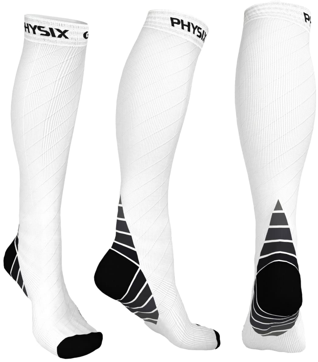 PHYSIX GEAR Compression Socks for Men & Women 20-30 mmHg Graduated Athletic for Running Nurses Shin Splints Flight Travel & Maternity Pregnancy - Boost Stamina Circulation & Recovery WHT S/M (1 Pair)