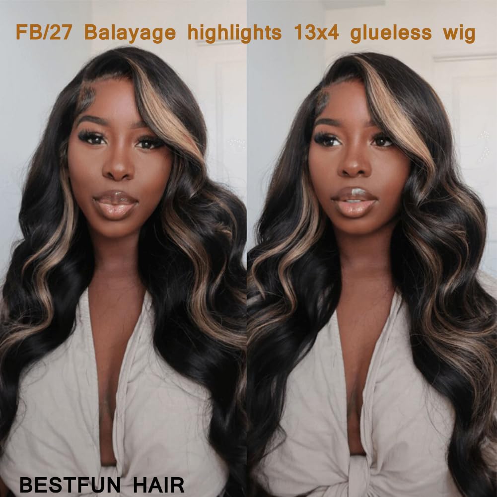 BestFun FB/27 Balayage Highlight Lace Front Wig Human Hair Pre Plucked 24 Inch 13x4 HD Lace Ombre Body Wave Wig 180% Density Glusless Wigs Human Hair for Women