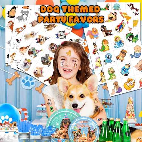 96 PCS Dog Pet Pre-Cut Temporary Tattoos for Kids | Super Cute First Themed Birthday Party Favors, Supplies, Decorations, Animal Fake Tattoo Stickers (Multiple)