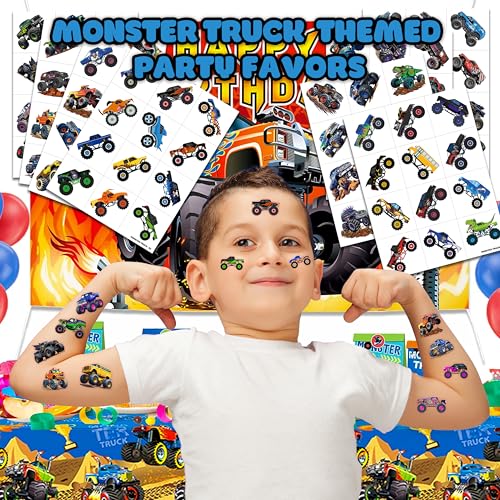 96 PCS Monster Truck Race Car Pre-Cut Temporary Tattoos for Kids | Super Cute Themed Birthday Party Favors, Supplies, Decorations, Fake Tattoo Stickers, Rewards & Gifts for Boys Girls