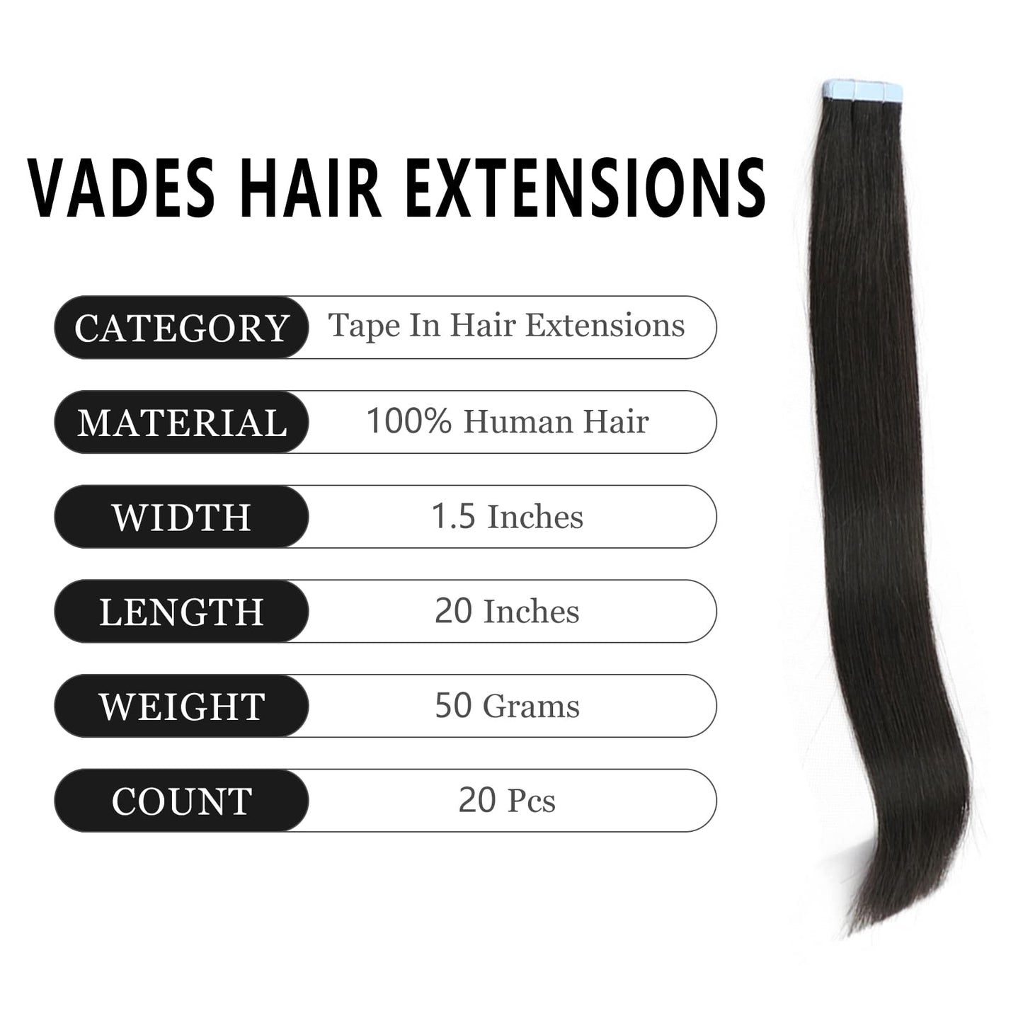 VADES Tape In Hair Extensions Remy Human Hair Natural Black Tape Hair Extensions Real Human Hair 20 Inch Invisible Seamless Skin Weft Extensions 50 Grams 20 Pieces