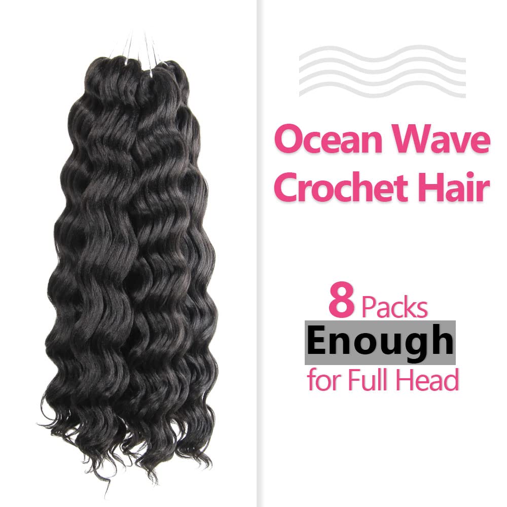 Niseyo NU Ocean Wave Crochet Hair 18 Inch 8 Packs Soft Water Wave Crochet Braids Synthetic Black Wavy Braiding Hair Extensions (1B)