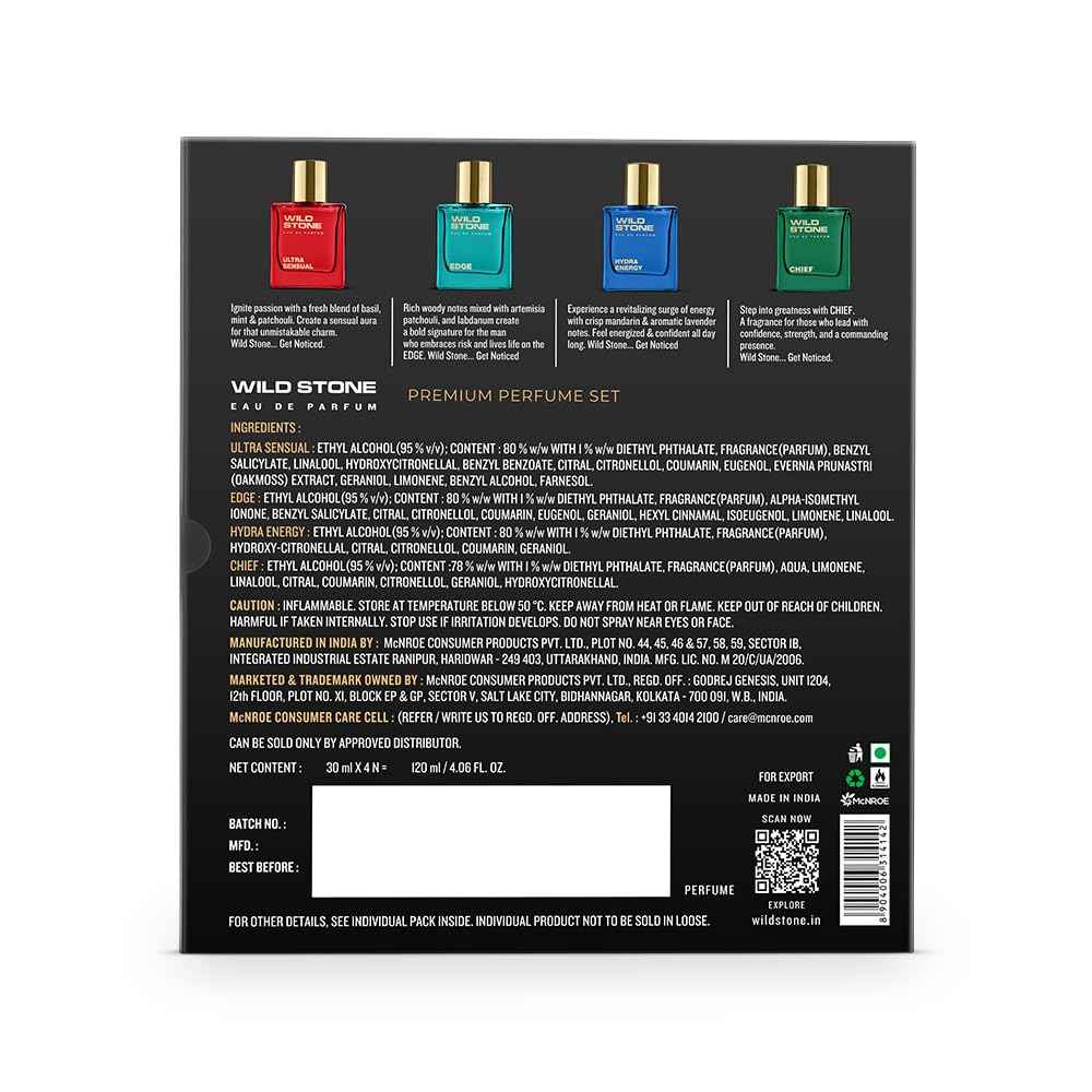 Wild Stone Men’s 4-Pack Eau de Parfum Gift Set (4 × 1 oz / 30 ml) — Edge, Ultra Sensual, Hydra Energy & Chief — Long-Lasting Masculine Fragrances