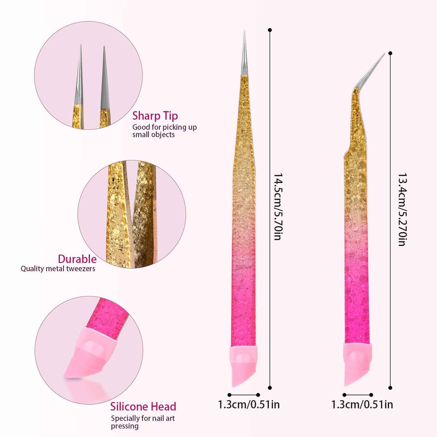 Double Ended Nail Art TweezersCurved,2Pcs Tweezers, Eyelash Tweezers, Straight Fine Tip Tweezers for Women with Silicone Pressing Tips, Suitable for Nail Art, Hair Removal, Jewelry