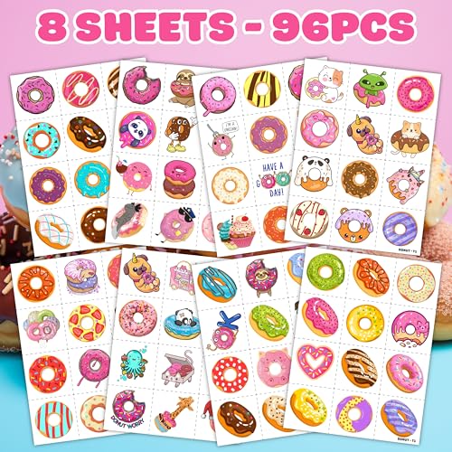 96PCS Donut Pre-Cut Temporary Tattoos for Kids - Cute Birthday Party Decorations, Stickers for Girls & Boys, Fun Party Favors, Classroom Prizes, Christmas Gifts, Themed Party Supplies