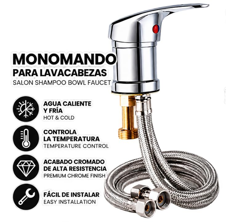 Punta Belleza Chrome Salon Shampoo Bowl Faucet with 19.68" Hose, 1/2" NPT Hot & Cold Water