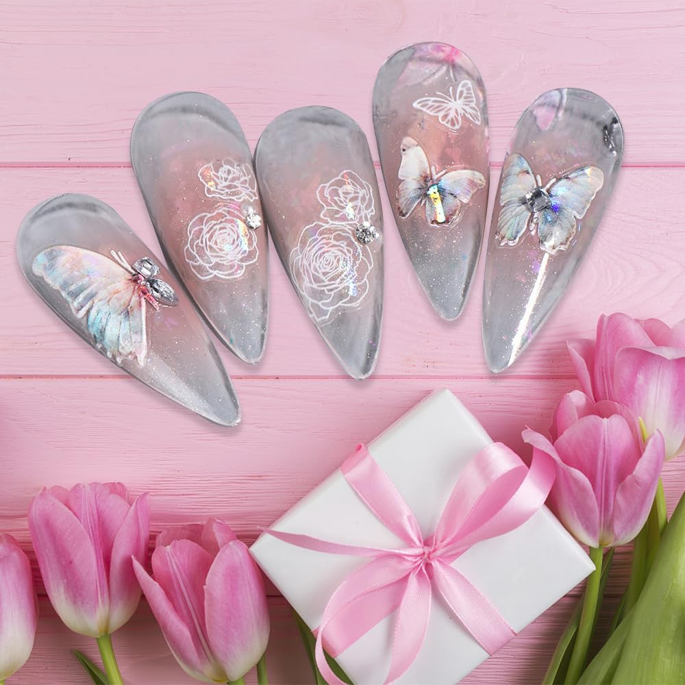 5D Aurora Butterfly Nail Stickers for Women Cartoon Butterfly Nail Art Stickers for Nail Designs Embossed Butterfly Stickers for Nails Design Rose Flower Butterfly Nail Decals for Nail Art Supplies