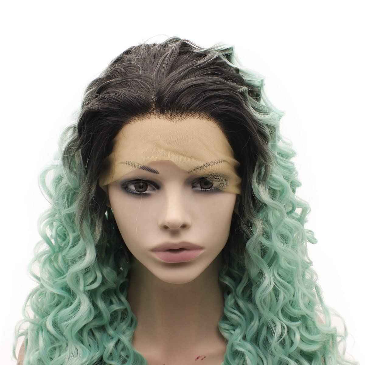 MX angel Long Curly Heat Resistant Synthetic Lace Front Wig (dark root blue)