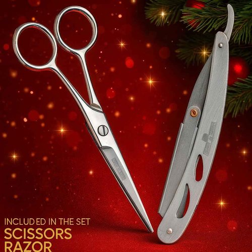 Beard Straightener Grooming Kit for Men, Beard Growth Kit, Wash, Brush & Comb, Unscented Growth Oil, All Natural Sandalwood Balm, Conditioner, Razor & Scissors, Great Gift Idea for Men's (Black)