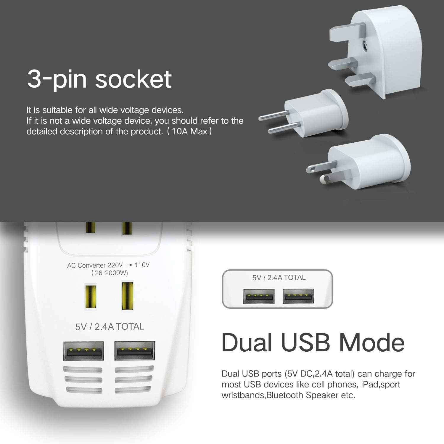 Upgraded 2000W 220V to 110V Voltage Converter Step Down Voltage for Hair Dryer,Straightener,Curling Iron,Cell Phone Power Converter with 2-Port USB and UK/AU/US/EU 10A Plug Adapter, White
