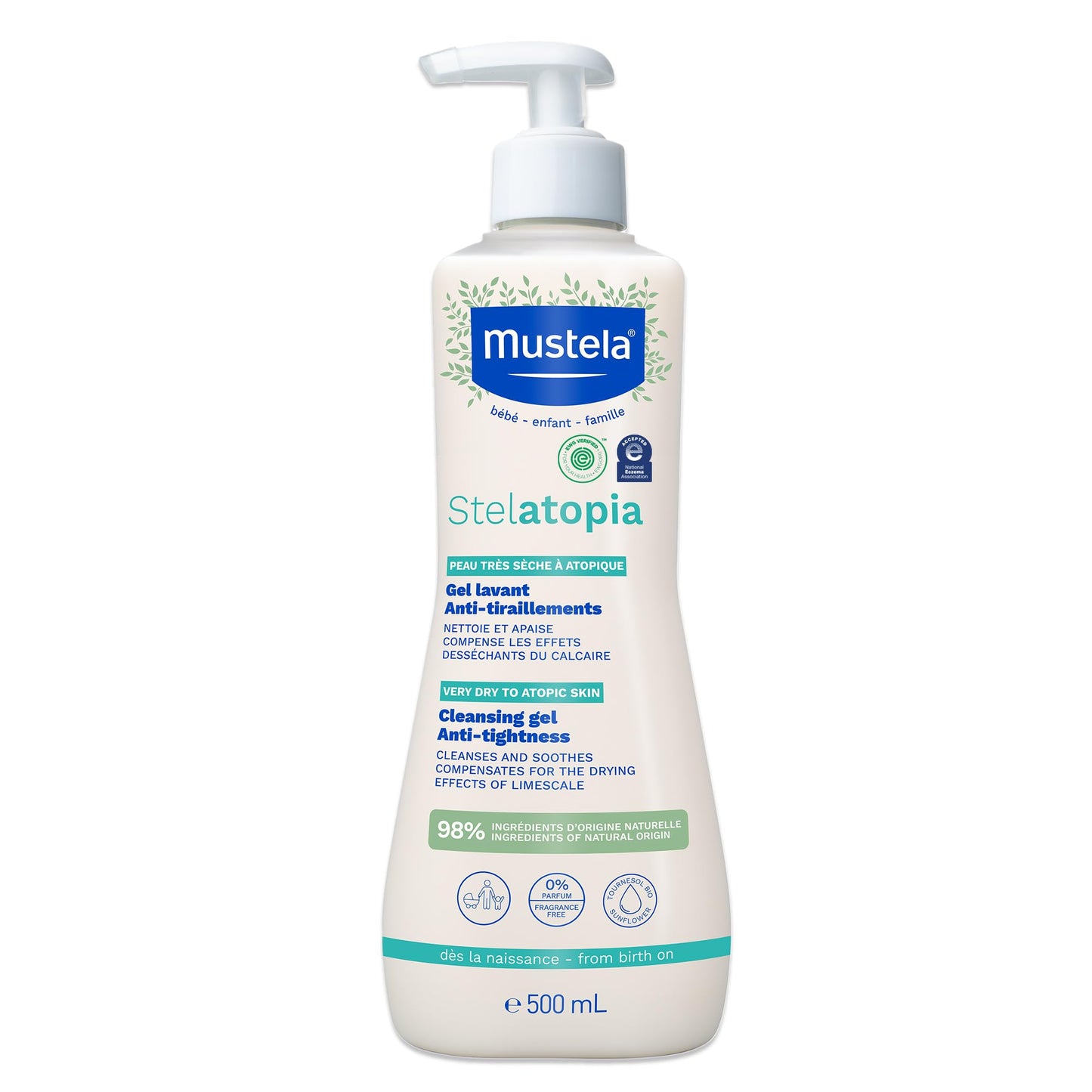 Mustela Stelatopia Eczema-Prone Skin Cleansing Gel - Baby Face & Body Wash with Natural Avocado & Sunflower Oil - Fragrance-Free & Tear Free - 16.9 fl. oz.