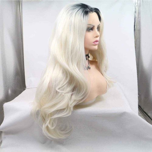 xiweiya Long Wavy Ombre Platinum Blonde with Brown Roots Synthetic Lace Front Wigs For Black Women Blonde Hair Heat Resistant Fiber Half Hand Tied 24Inch…