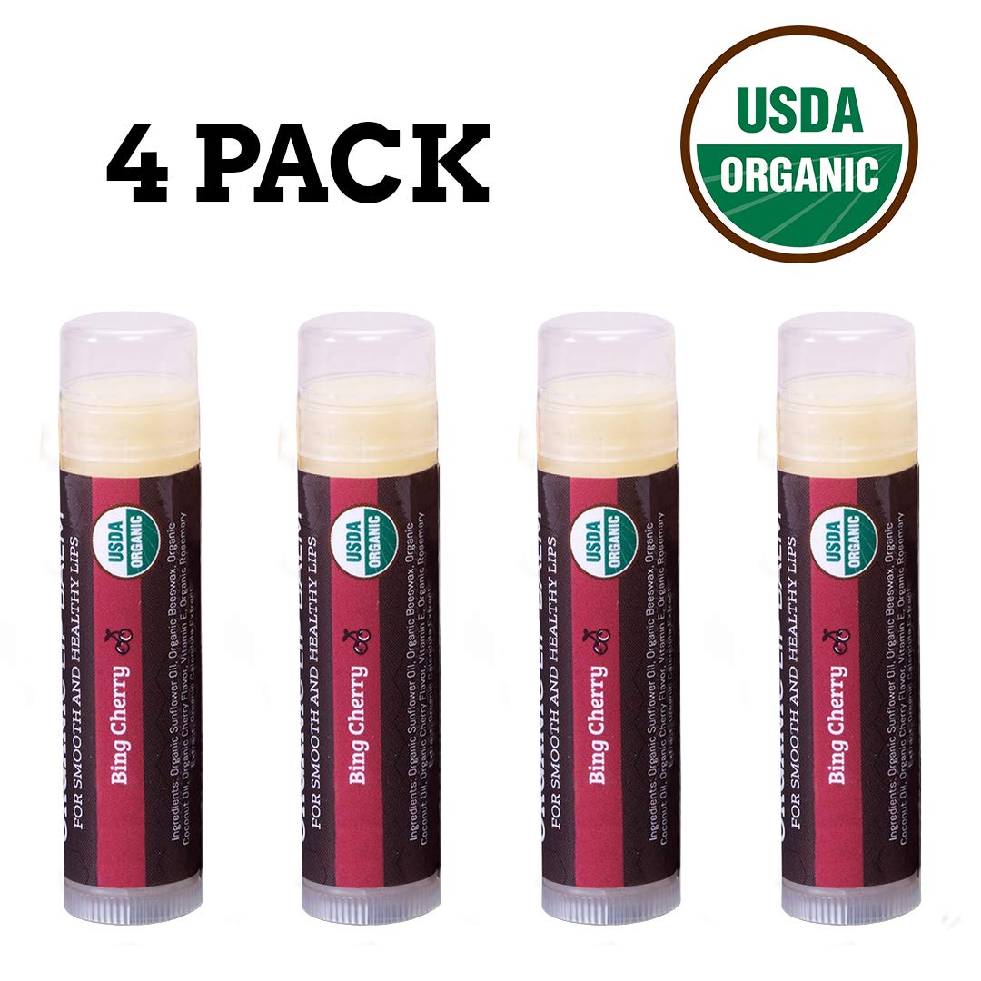 USDA Organic Lip Balm 4-Pack by Earth's Daughter - Cherry Flavor, Beeswax, Coconut Oil, Vitamin E - Best Lip Repair Chapstick for Dry Cracked Lips.