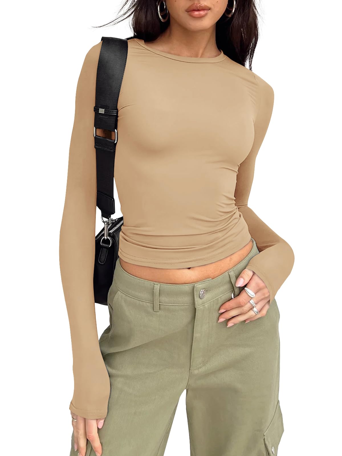 Trendy Queen Womens Long Sleeve Shirts Basic Spring Crop Tops Tees Tight Slim Fit Cute Going Out Outfits Teen Girls Fall Winter Y2k Clothes 2024 Khaki XS