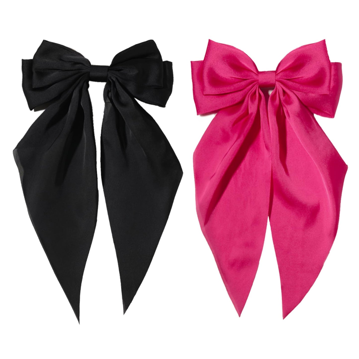 Furling Pompoms Hair Bows Clips for Women Large Bow Clip for Girls Satin Long Tails with Alligator Clips 2pcs Big Hair Bow Hair Accessories (Black Hot Pink)